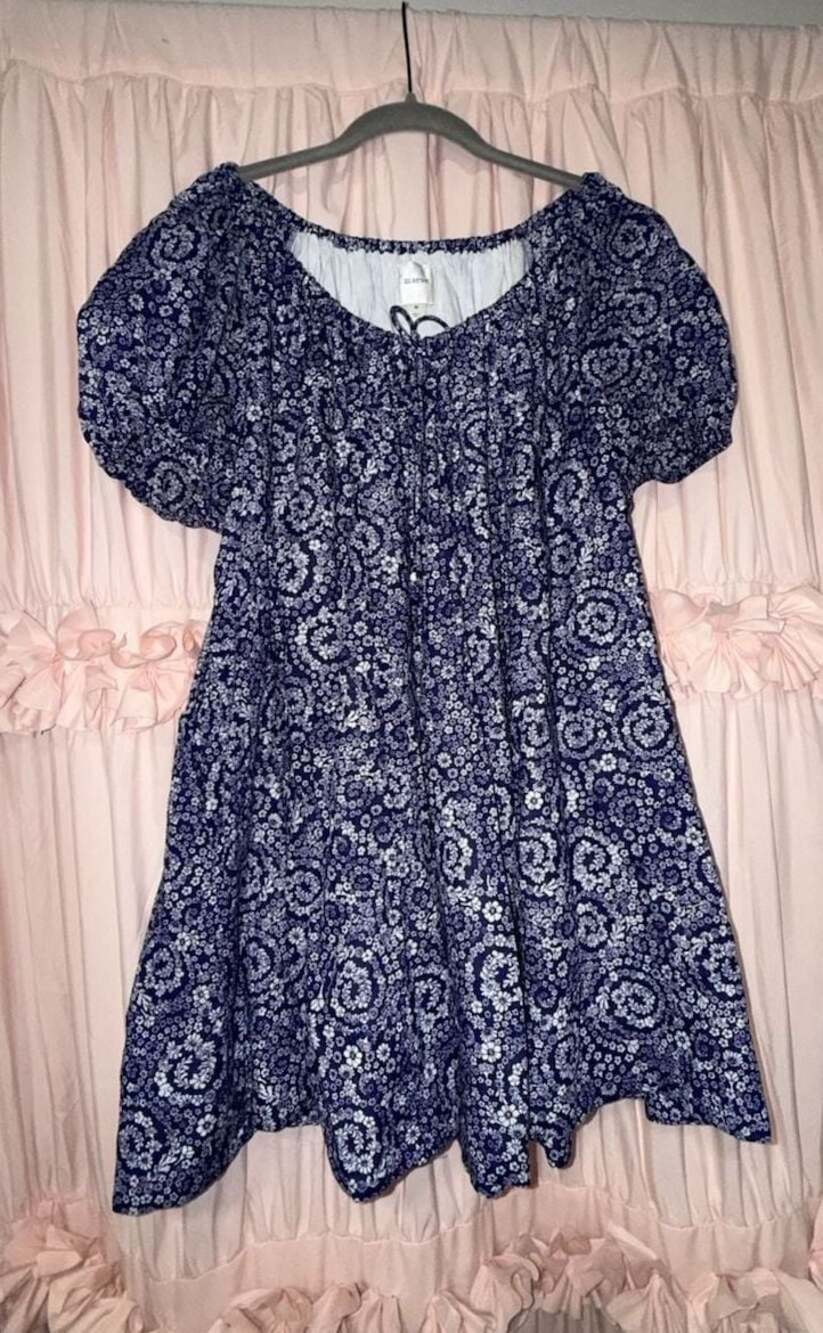 Maeve Blue Floral Print Puff Sleeve Mini Dress with Tie Detail and Pockets